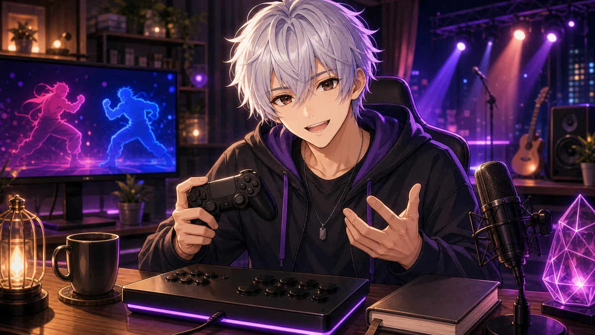 対戦後にライブ告知カードと練習ノートを並べるオリジナル男性キャラクターのイメージ