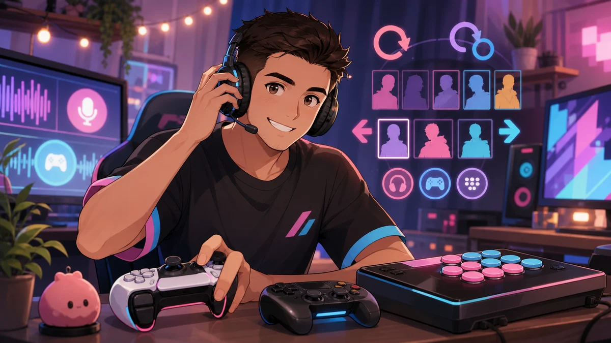 明るい配信部屋で複数の対戦モニターとゲームパッドを前に準備する男性キャラクターのイメージ