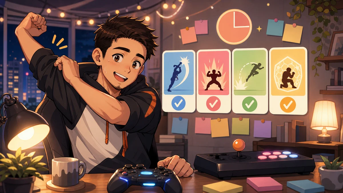 夜の練習部屋で光る操作ボタンと小さなチェックリストを見つめる男性キャラクターのイメージ
