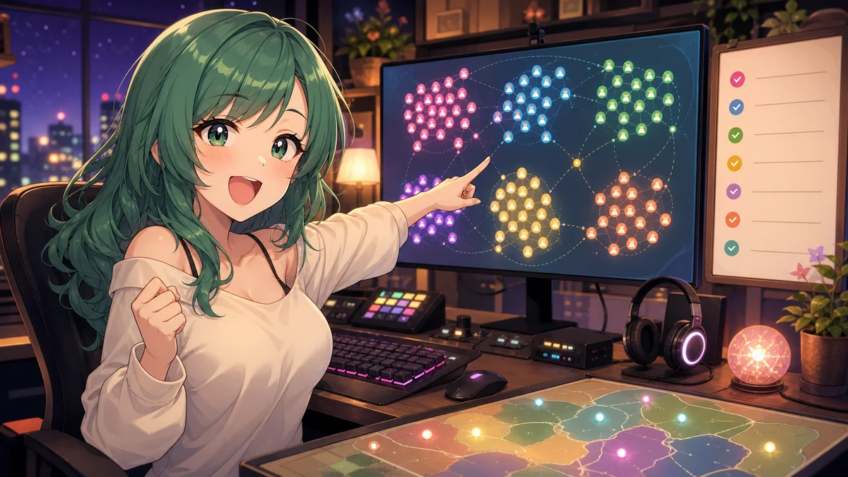 夜の配信部屋で緑髪の女性キャラクターが端末と同盟リストを確認するイメージ
