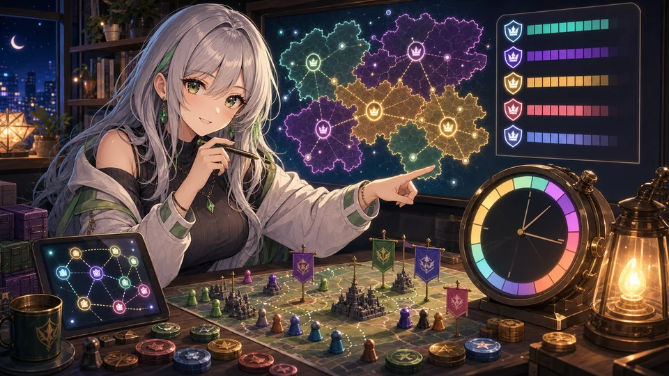 夜の戦略デスクで淡い髪の人物が色分けされた順位表と抽象タイマーを見比べるイメージ