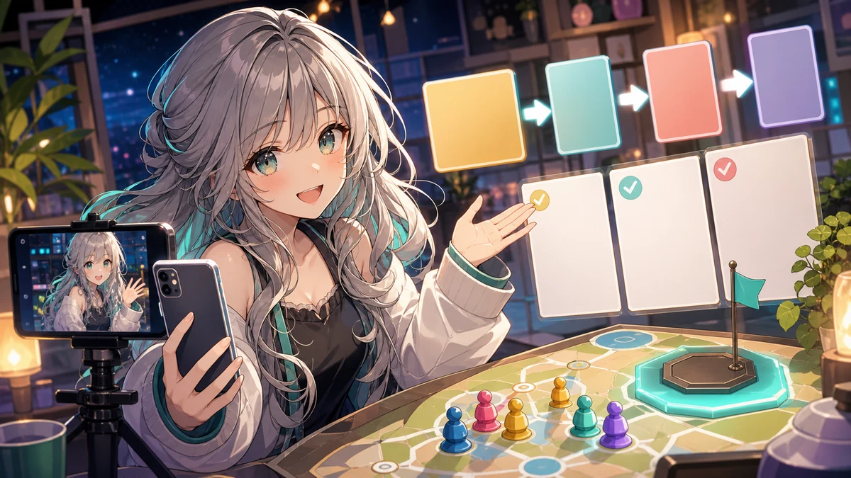 明るい配信部屋でスマホと作戦メモを見ながら参加手順を案内する人物のイメージ