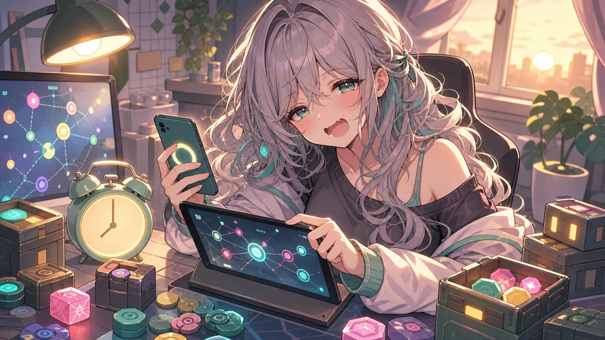 夜明け前の配信部屋でスマホゲームの戦闘と育成に集中する人物のイメージ