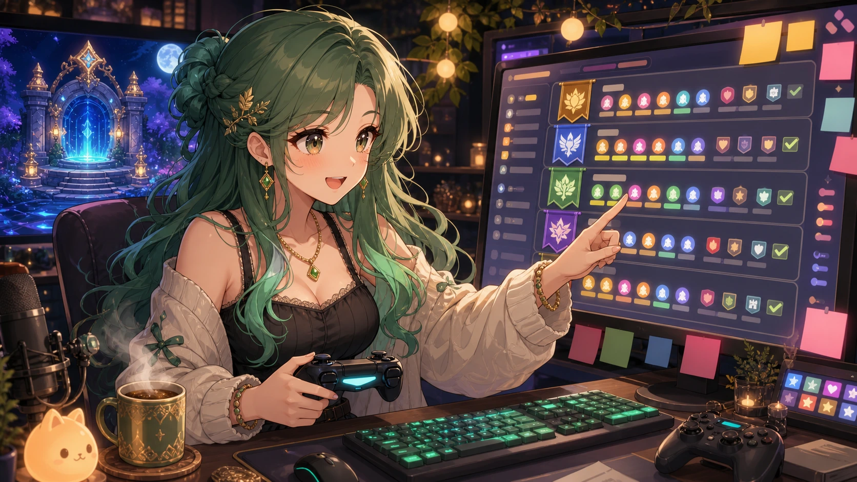 ゲーム画面の横で緑髪の人物が同盟リストと申請メモを確認するイメージ