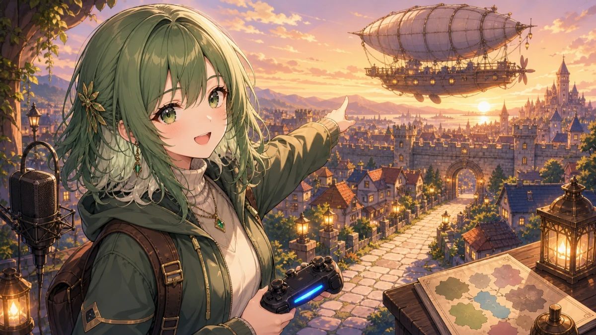 夕方の町で大きな飛行戦艦を遠くに見上げる冒険者のイメージ