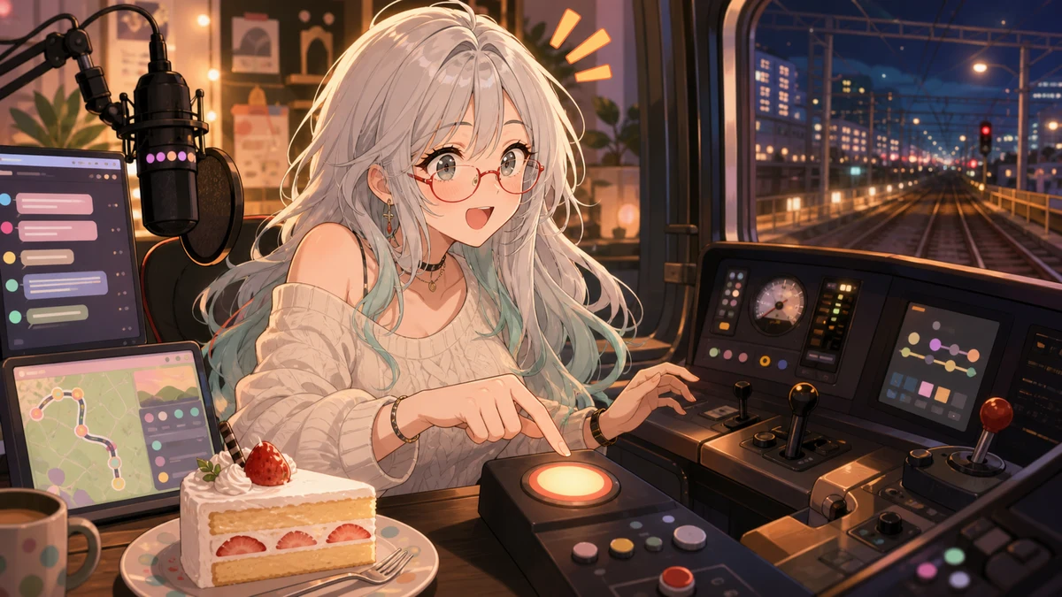 夜の配信部屋で銀色の長髪の人物が運転席型の端末とケーキを前に慌てているイメージ