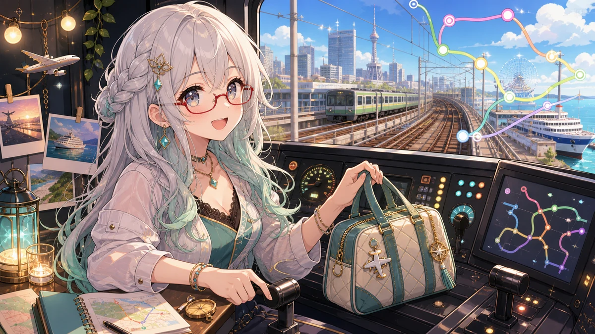 都市の高架線を走る列車風景を背景に銀色の長髪の人物が地図と旅行かばんを広げるイメージ
