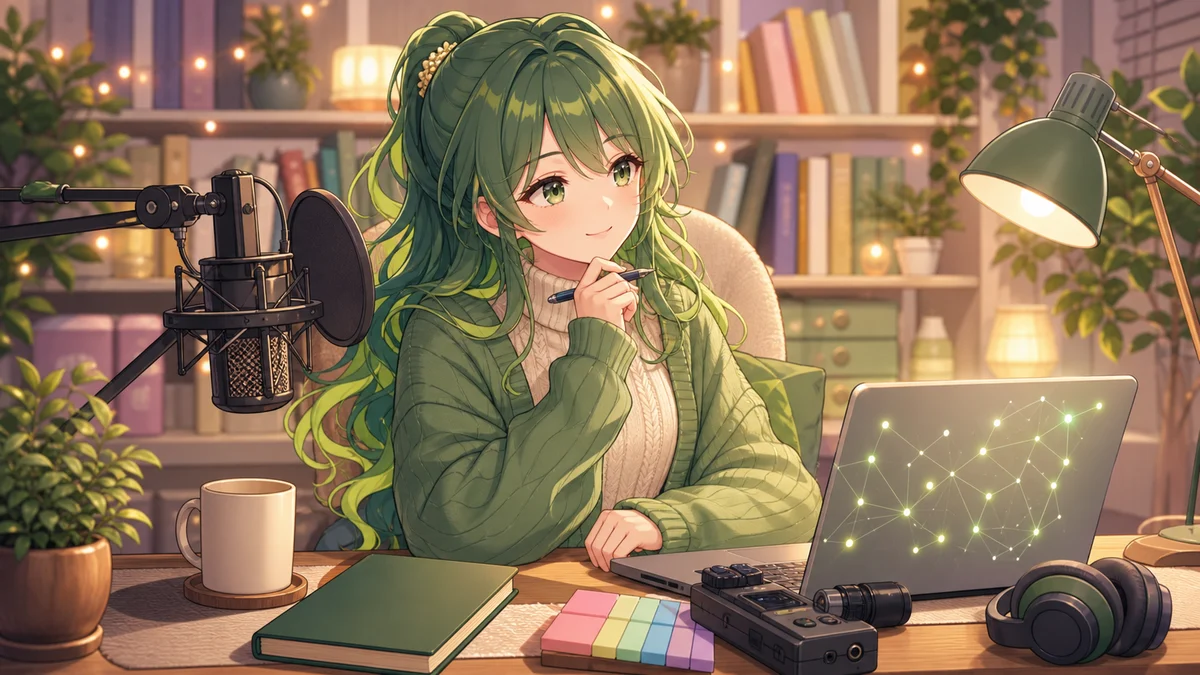 ノートパソコンと日記帳、録音マイクが並ぶ配信机で考える女性キャラクター