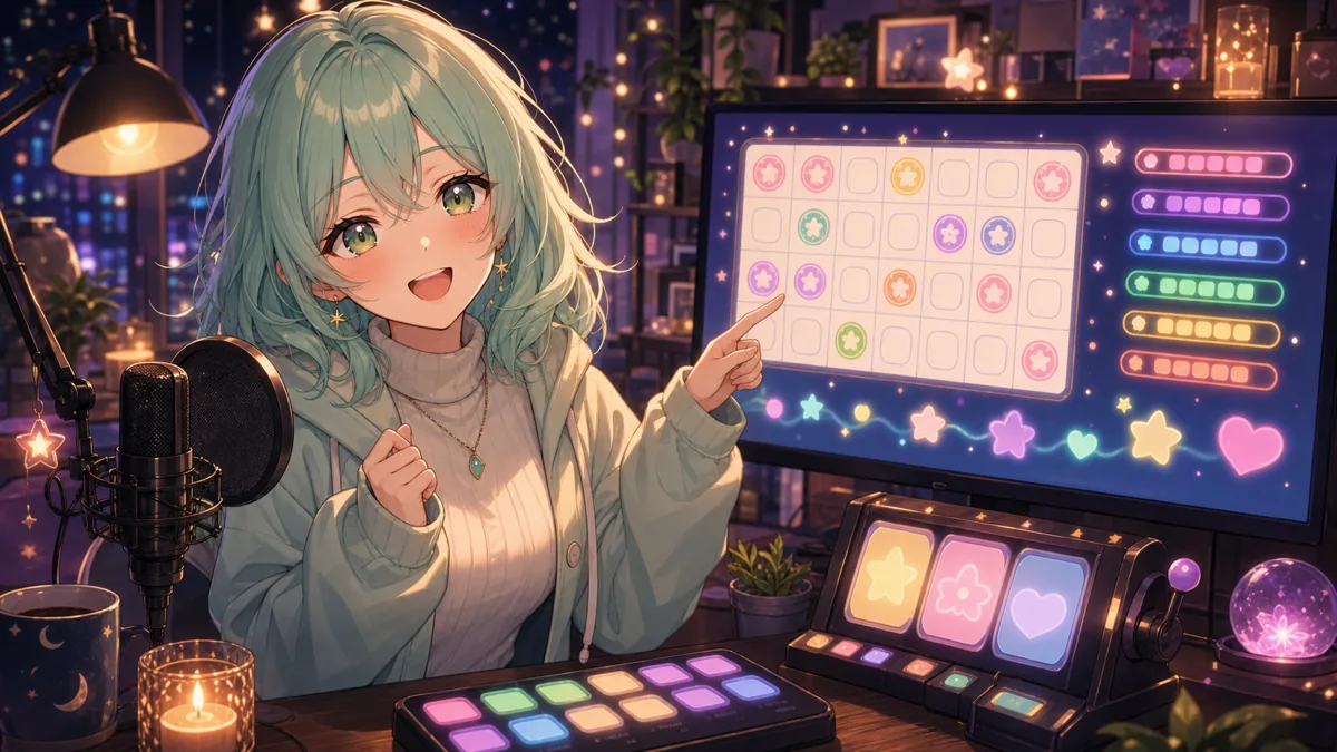 深夜の配信部屋で出席スタンプのカレンダーを見つめるオリジナル女性キャラクター