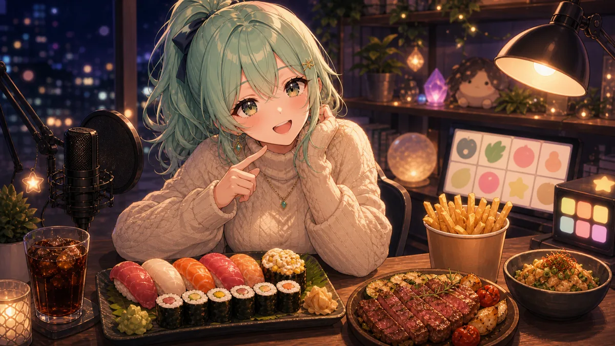 寿司と焼肉を囲む明るい深夜の机で悩むオリジナル女性キャラクター