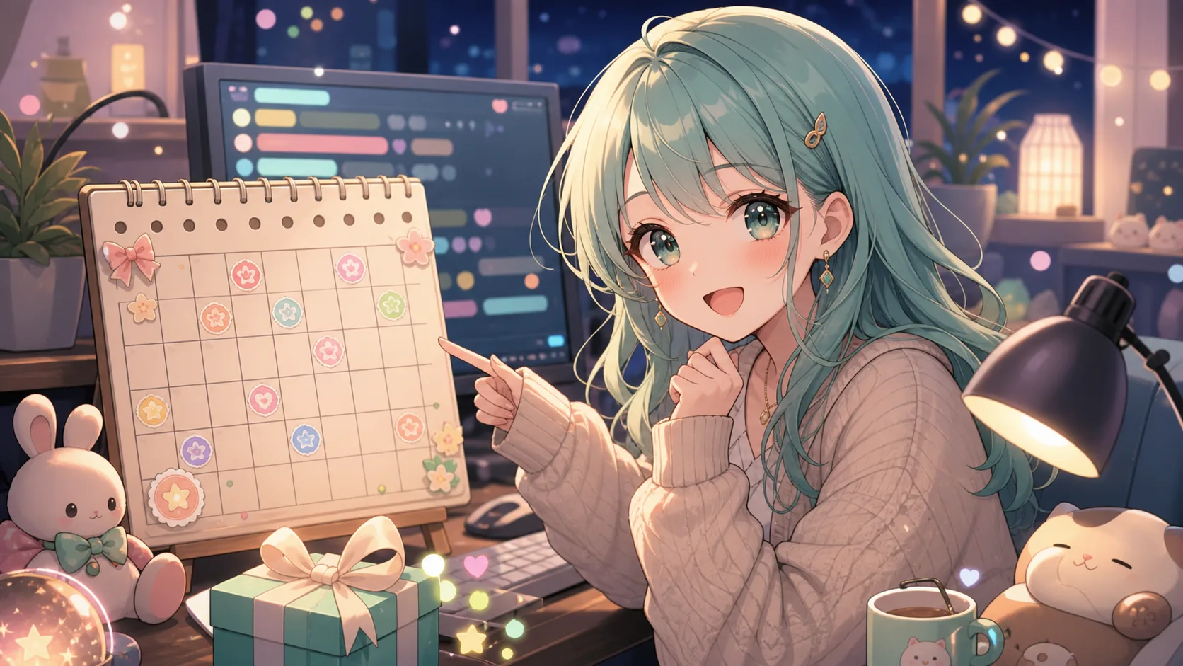 夜の配信画面でスタンプカレンダーを確認するオリジナル女性キャラクターのイメージ