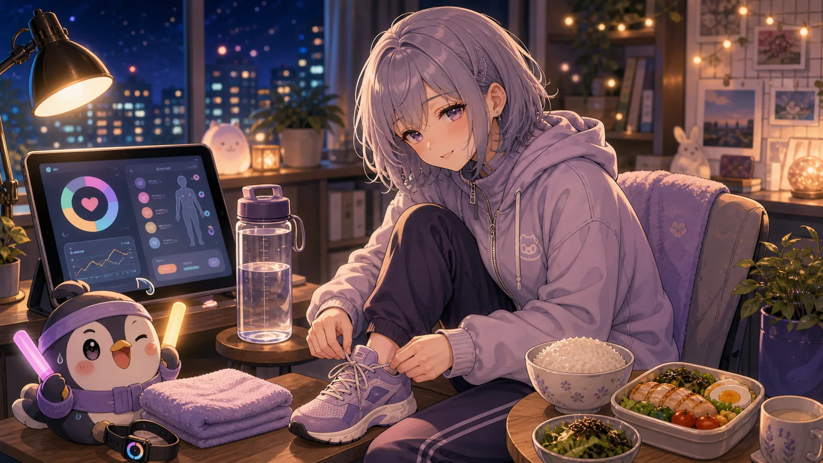 月曜前夜のデスクで水筒とランニングシューズを横に置くオリジナル女性キャラクターのイメージ
