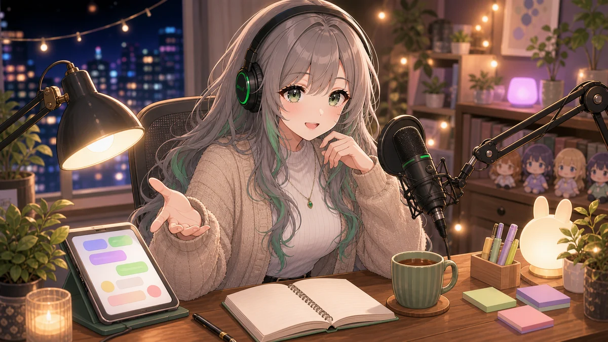 マイクの前でタブレット上の色付きコメント欄へやさしく応じる女性キャラクターのイメージ
