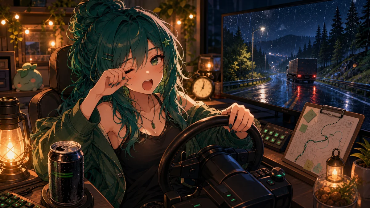 夜の配信部屋でハンドルを握りながら眠そうに笑う女性キャラクターのイメージ