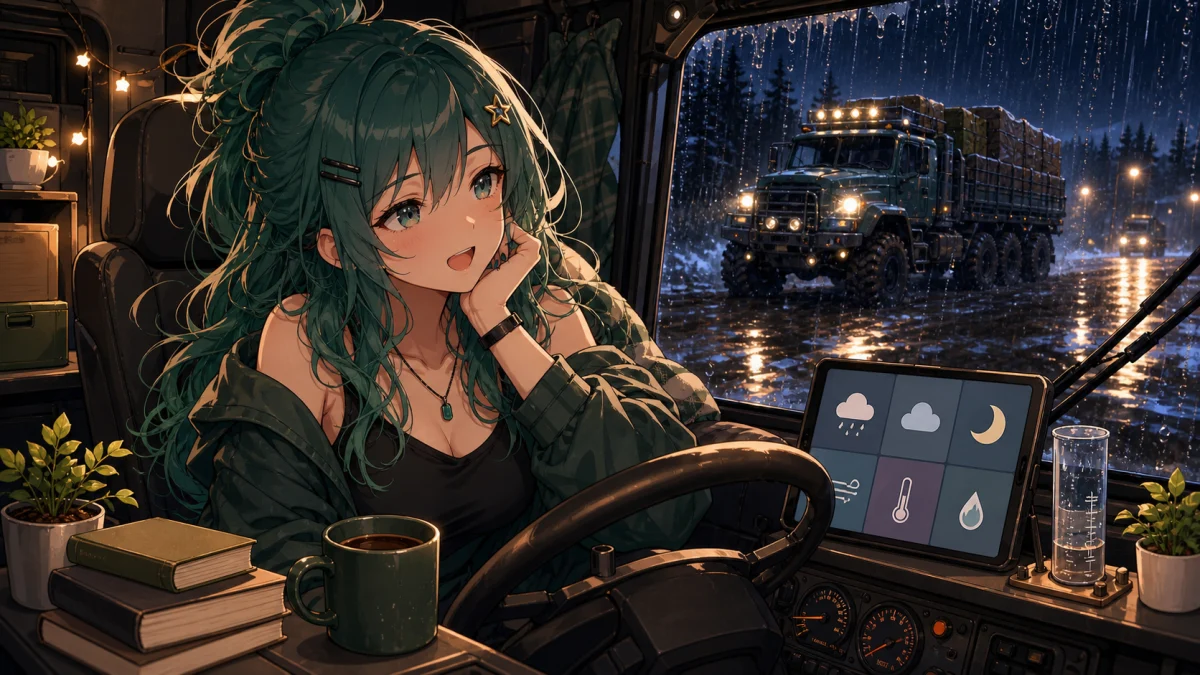雨のトラック車内で本とコーヒーを置いて外を眺める女性キャラクターのイメージ