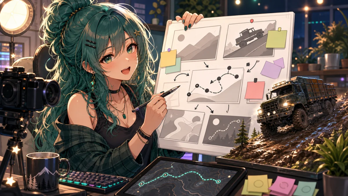 白い企画ボードを使って泥道を登るトラックの見せ方を説明する女性キャラクターのイメージ