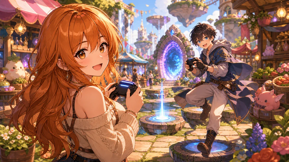 ファンタジーの市場で二人の人物が協力ゲームの操作を確認するイメージ