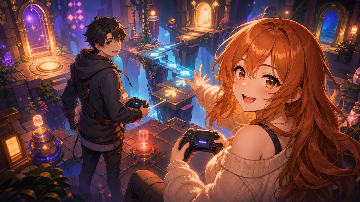 分かれ道とスイッチを前に一人が先へ進みもう一人が呼び止めるイメージ