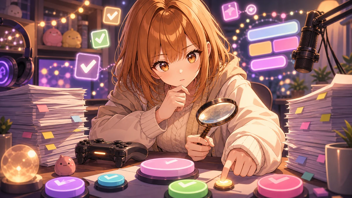 明るい配信部屋で無地の紙束とコントローラー、丸いボタンを前に考え込む女性キャラクターのイメージ