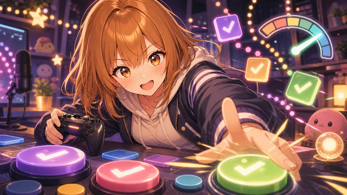 机の上のチェックボックス風パズルと小さなボタンを見比べる女性キャラクターのイメージ