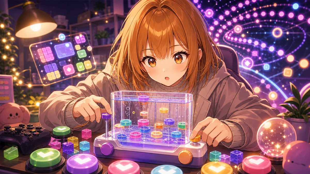 透明な水槽パズルと丸いボタン、抽象的な光の弾を前に集中する女性キャラクターのイメージ