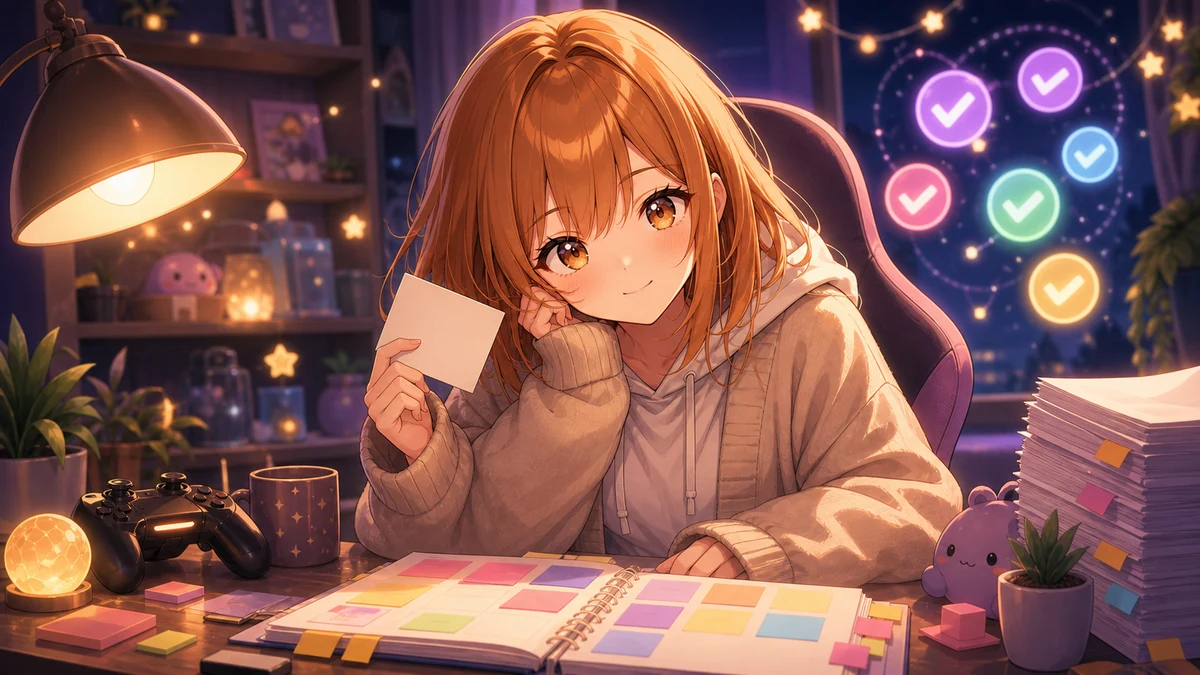 配信終わりのデスクで無地のメモと色付き予定カードを確認する女性キャラクターのイメージ