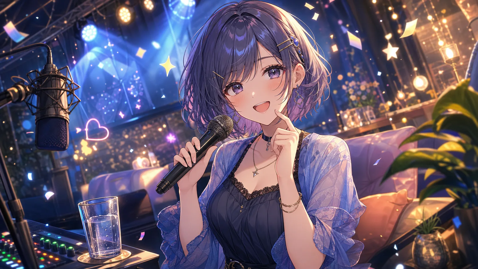 マイクと水の入ったグラスを置いた配信ステージで歌い始めるオリジナル女性キャラクターのイメージ