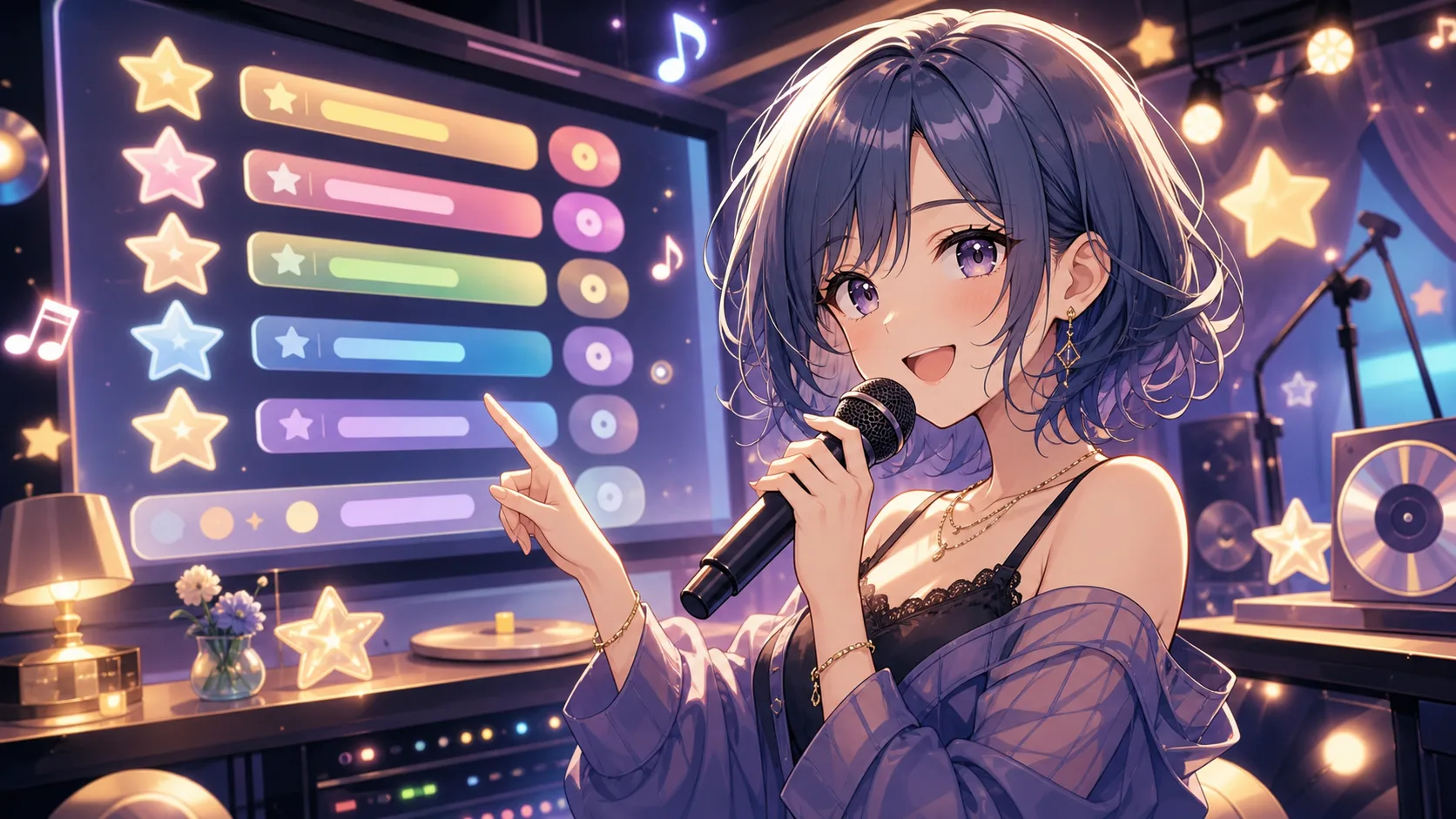 ランキング画面を見ながらマイクを握る配信ステージのオリジナル女性キャラクターのイメージ