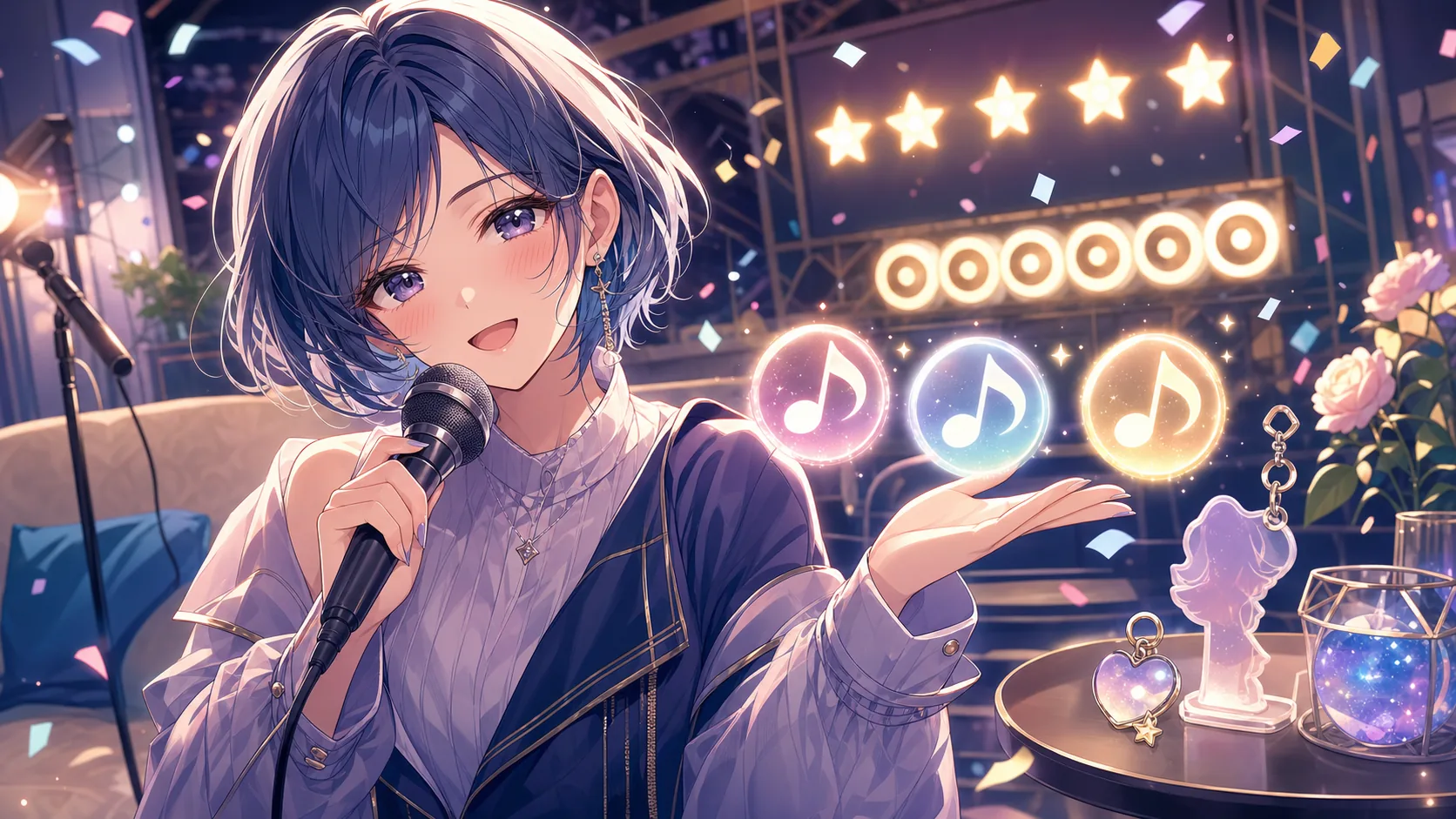 夜の配信ステージで最後の曲を選びながらカレンダーと小さなグッズを置くオリジナル女性キャラクターのイメージ