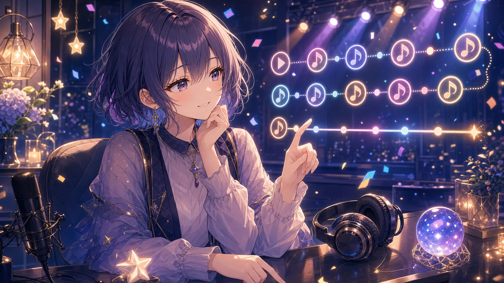 光る音符のタイムラインとマイクを前にアーカイブを振り返るオリジナル女性キャラクターのイメージ
