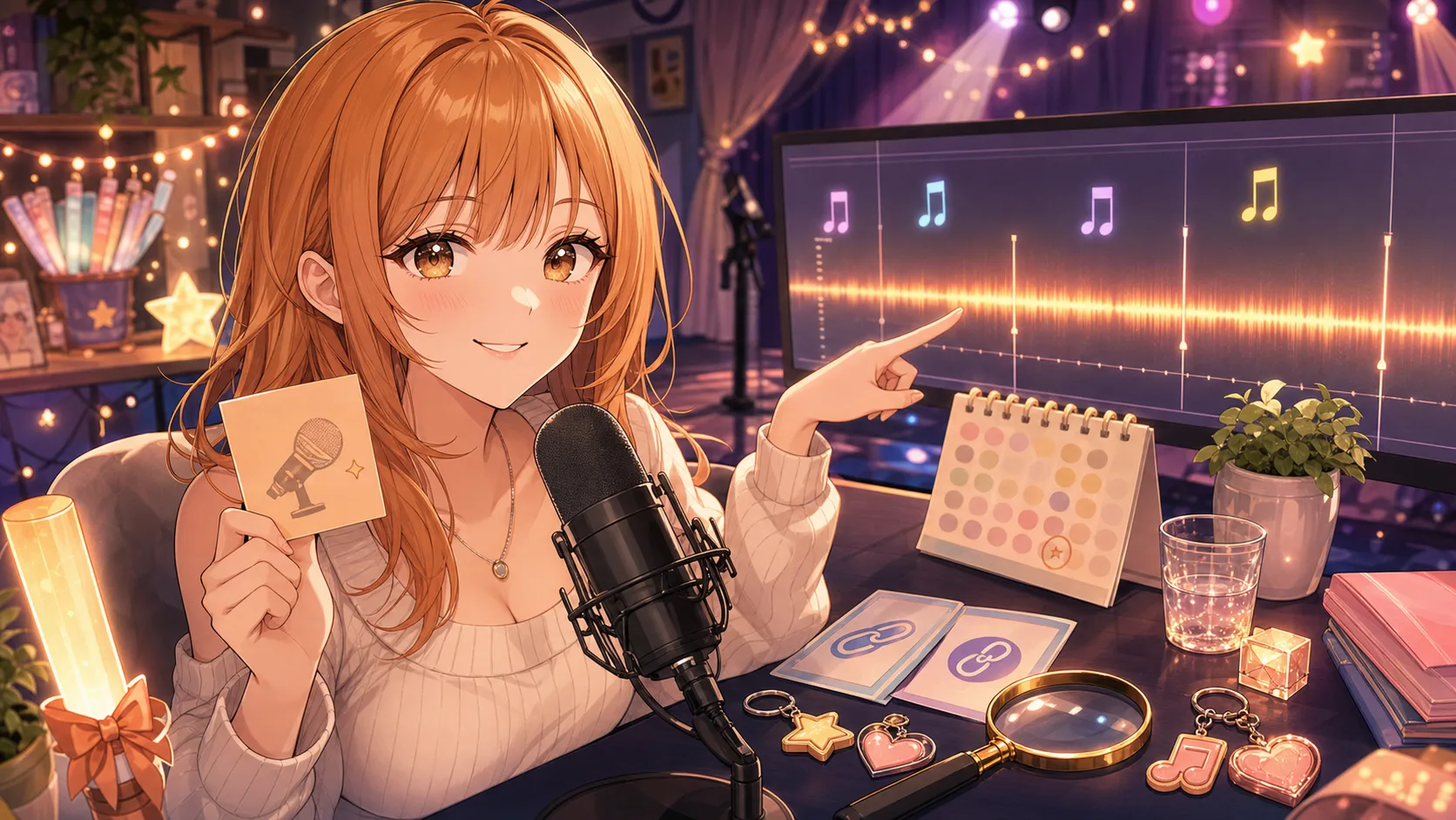 配信アーカイブの音声タイムラインと公式リンクカードを机で確認するオリジナル女性キャラクターのイメージ