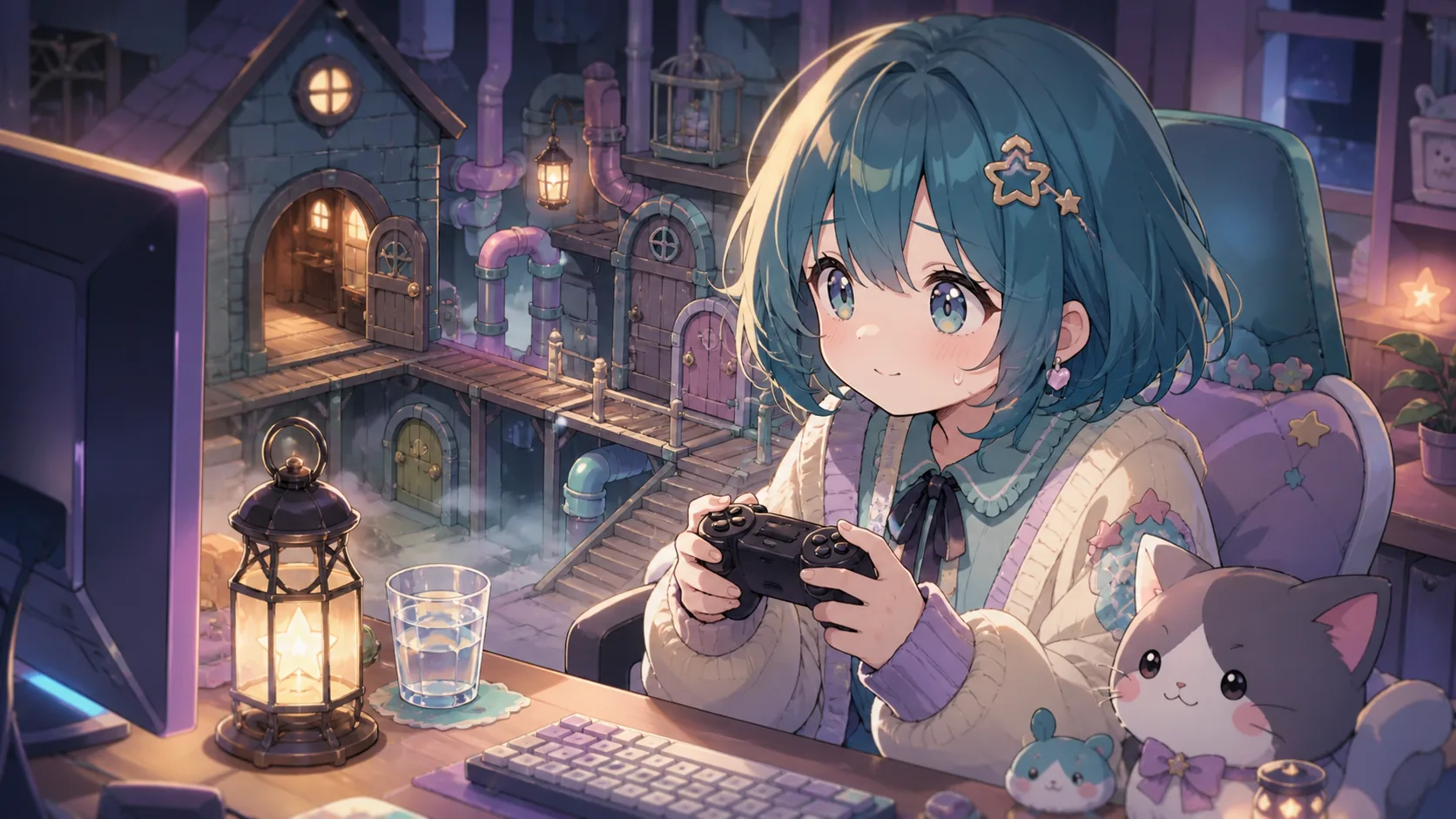 配信机でDLC開始前の不安を整えるオリジナルキャラクターのイメージ