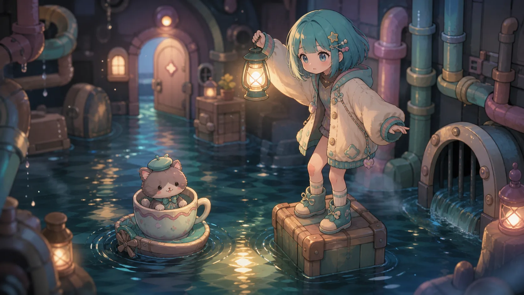 水場をランタンで確かめるオリジナルキャラクターのイメージ