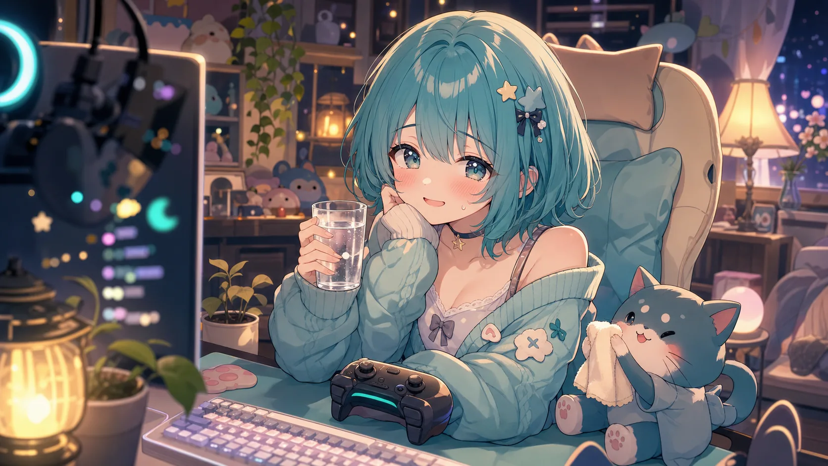 水分補給で怖さを少し整える配信机のオリジナルイメージ