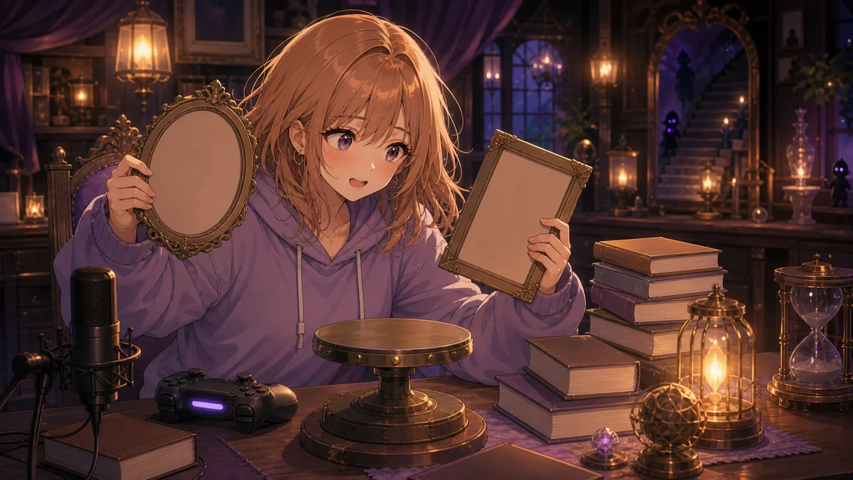 肖像と本棚の謎解きに向き合うオリジナルキャラクターのイメージ