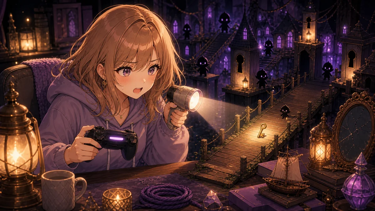 ライトで影を追い払いながら鍵を運ぶオリジナルキャラクターのイメージ
