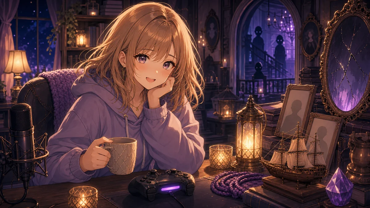レディの部屋を抜けた後に配信机で余韻を受け止めるオリジナルキャラクターのイメージ