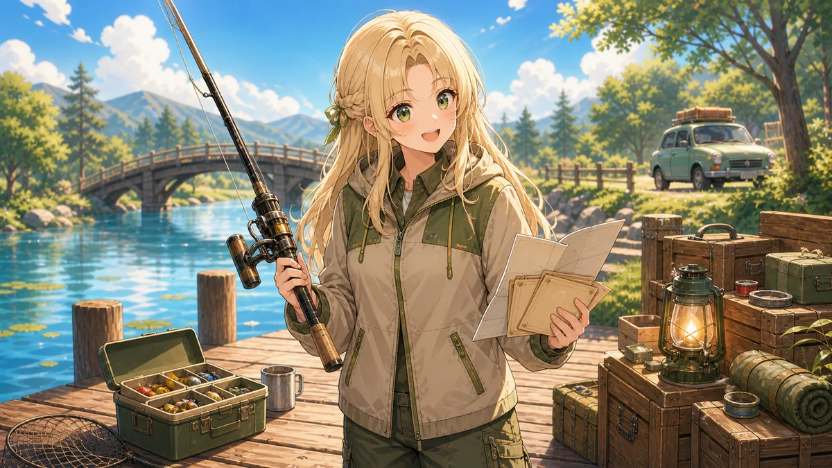 明るい湖畔で釣り道具と地図を見比べる女性キャラクターのイメージ