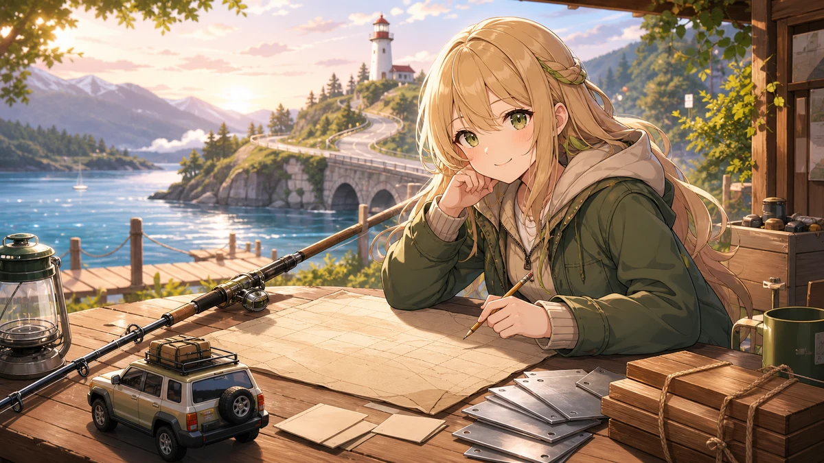 木の作業台と車旅の地図を前に探索計画を整理する女性キャラクターのイメージ