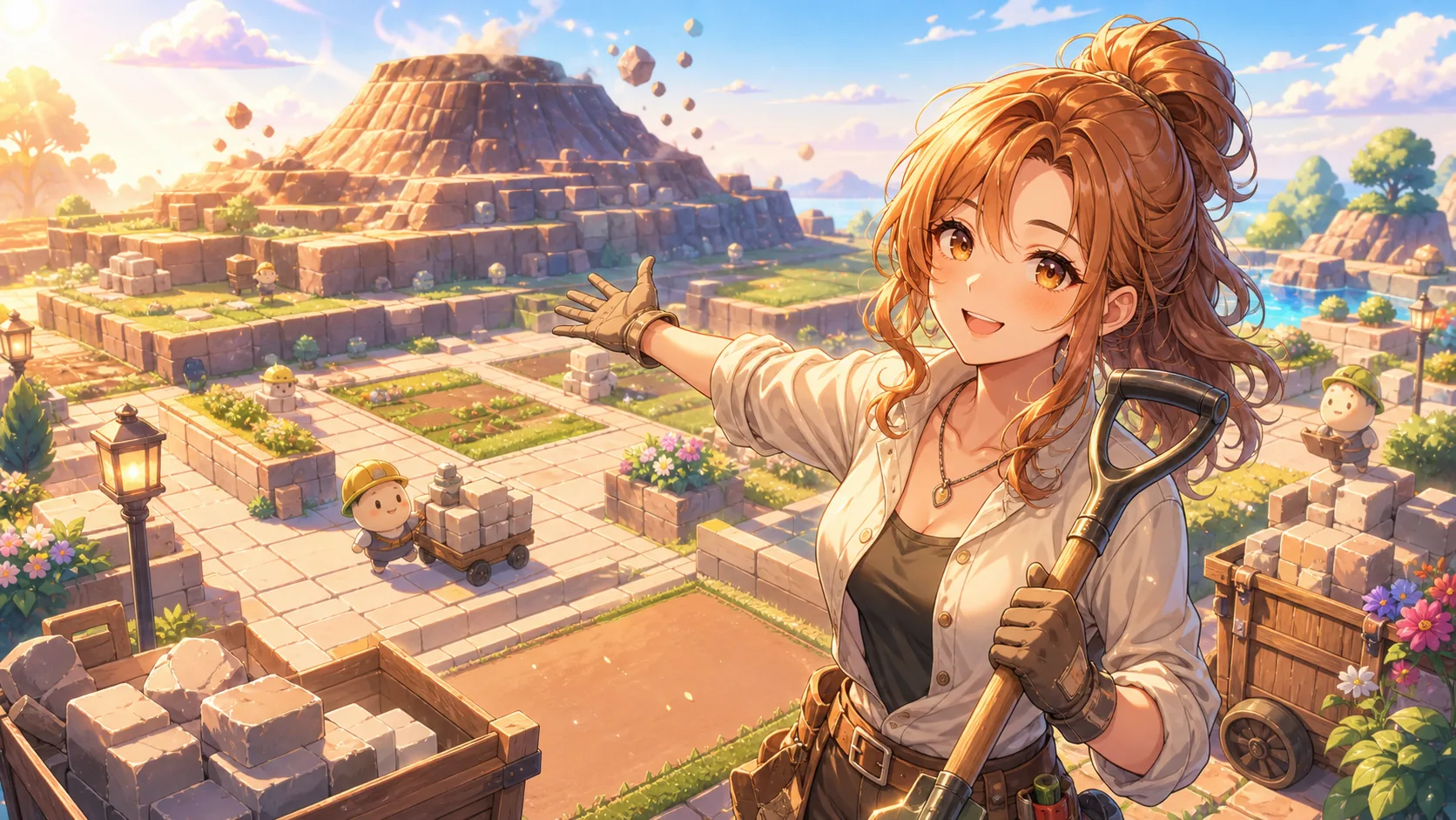 火山を削って町の区画を整えるオリジナル女性キャラクターのイメージ