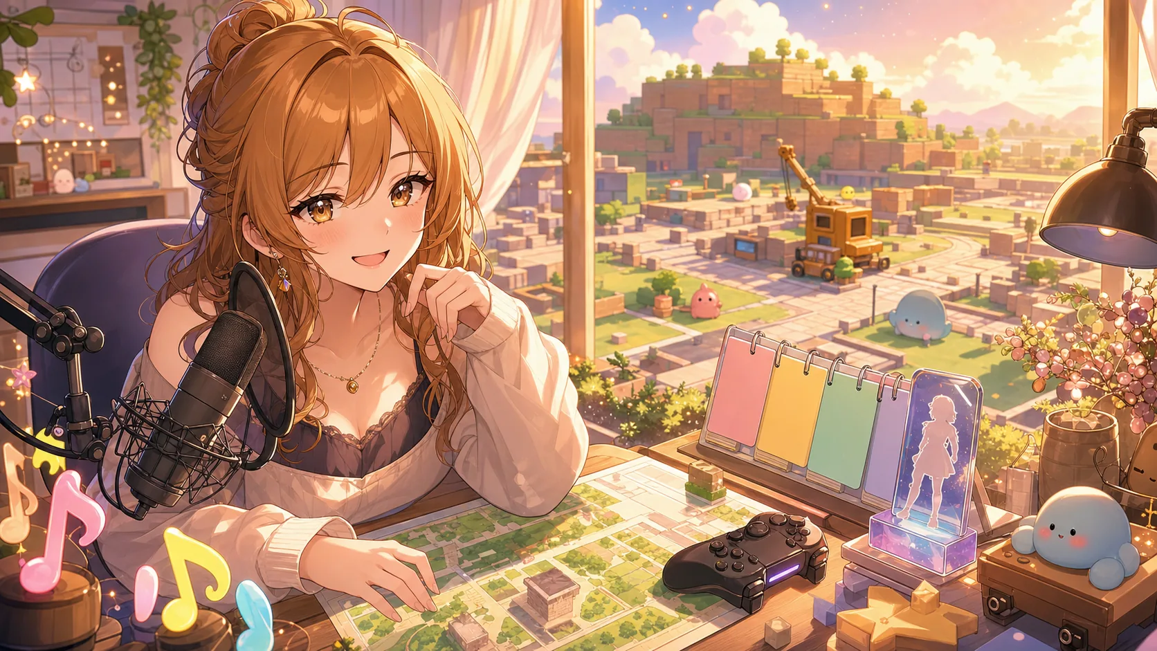 火山整地の続きと歌枠告知を雑談でつなぐオリジナル女性キャラクターのイメージ