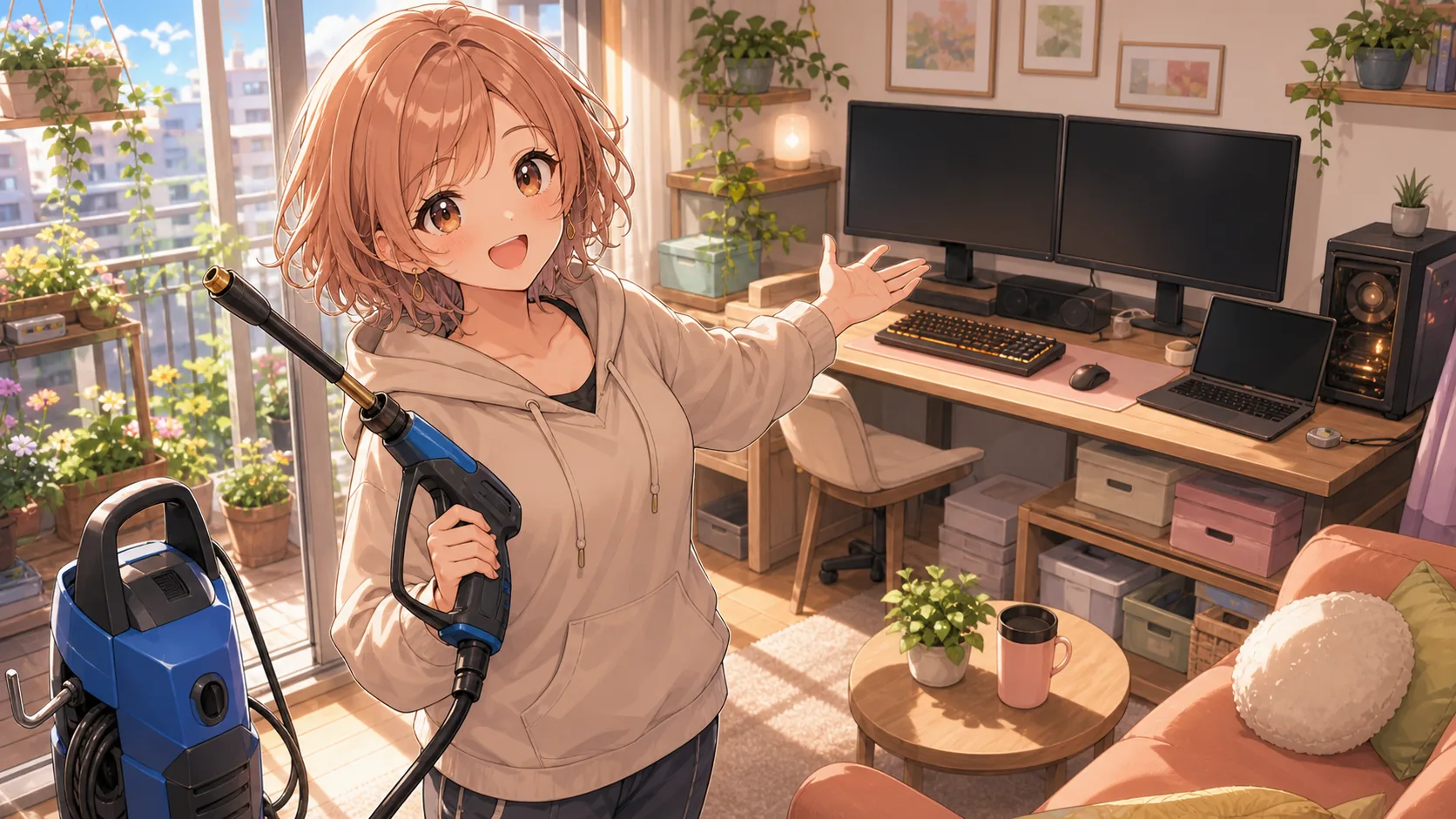 高圧洗浄機の値段から部屋とPC環境へ広がる会話のイメージ