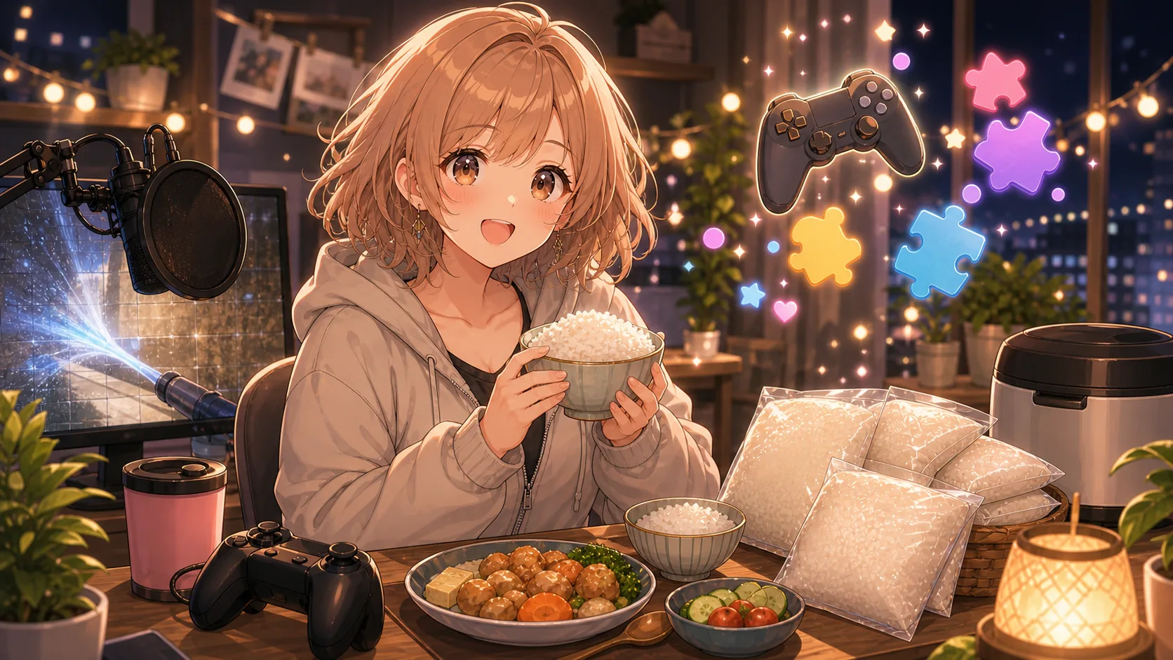 終盤の食費トークと次のゲーム選びを描いたオリジナルキャラクターのイメージ