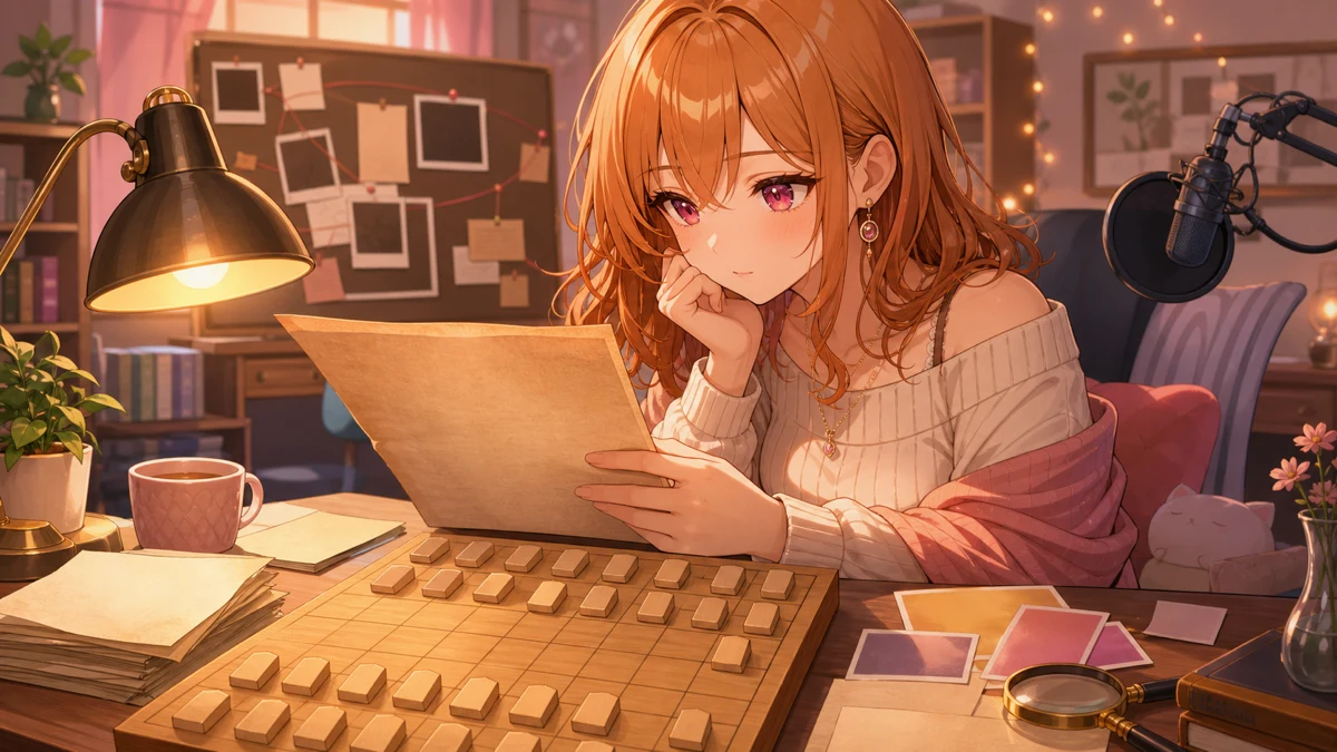 将棋盤と古い記事を机に広げて人物背景を読み解く女性キャラクターのイメージ