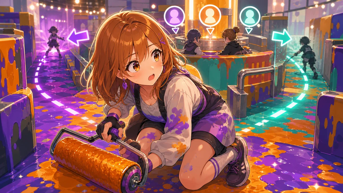 終盤のインクだらけのステージで横方向を警戒しながら塗る女性キャラクターのイメージ