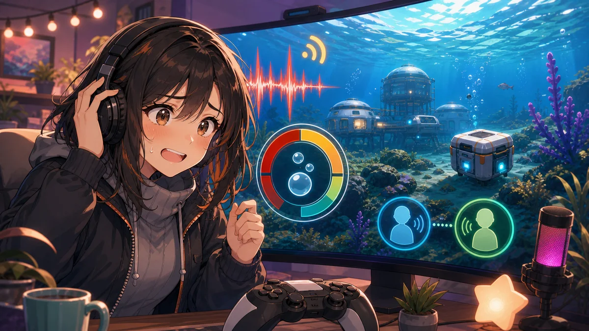 青い浅瀬の配信画面を前に酸素ゲージへ驚く女性キャラクターのイメージ