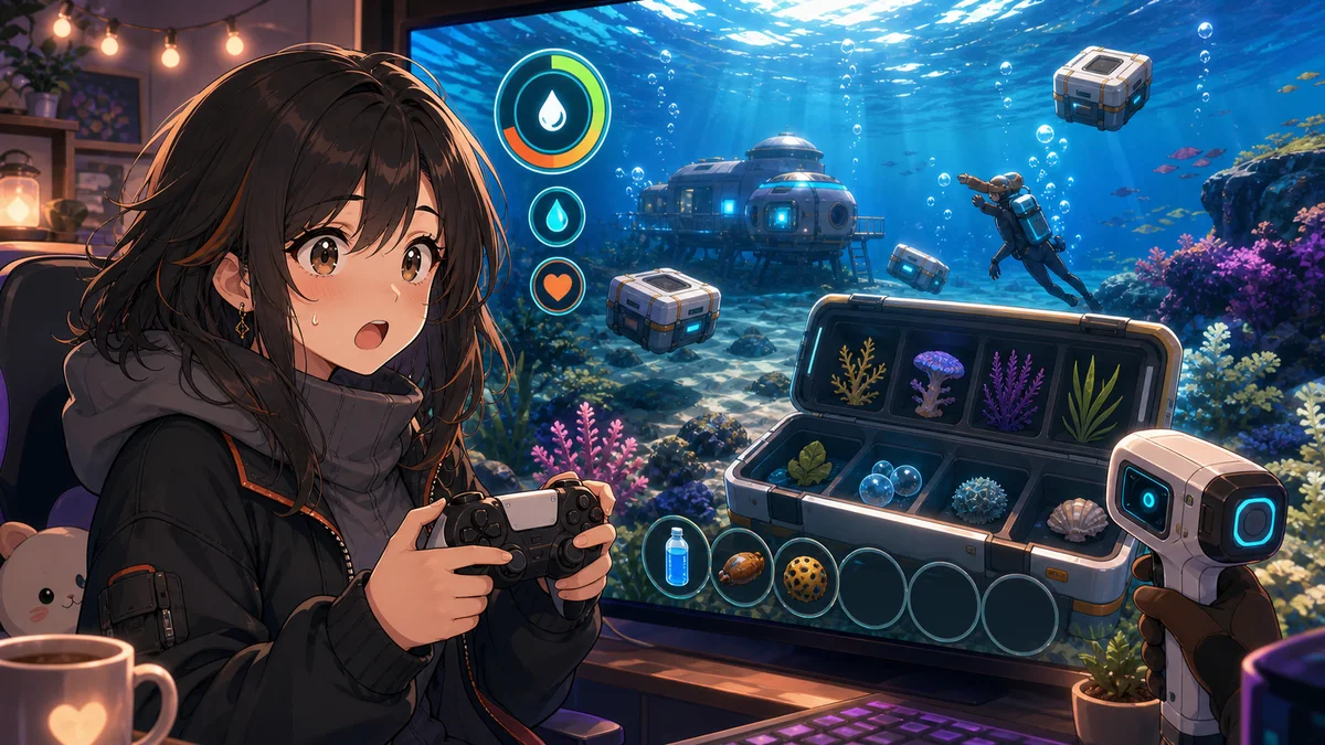 海中の小さな素材と食料アイコンを前に慌てる女性キャラクターのイメージ