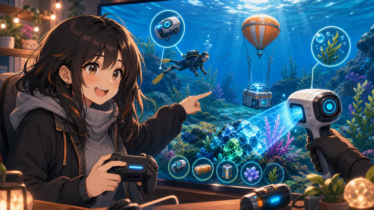 スキャナーと浮き袋を手に海中の光る素材を調べる女性キャラクターのイメージ