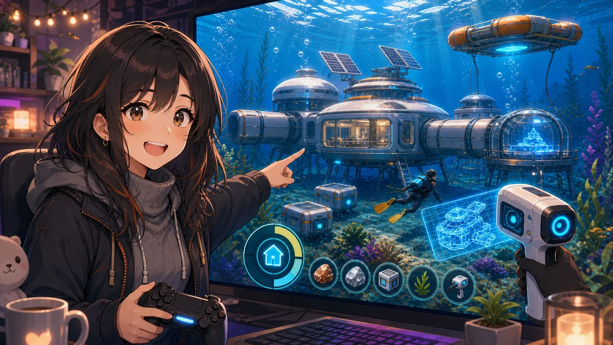 海底に作りかけの明るい拠点と素材箱が並ぶ配信画面のイメージ