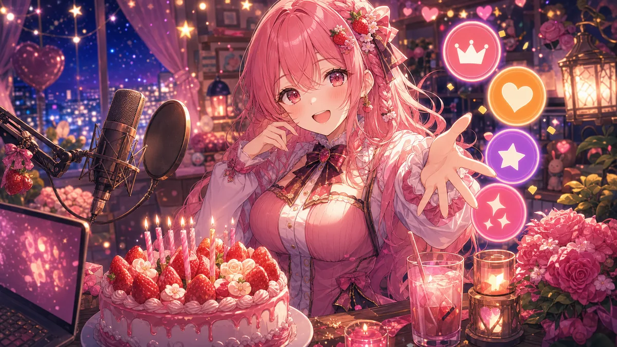 恋花苺みるは、誕生日配信でケーキと清楚ネタ全開 タイトル投票まで夜更かしが楽しい回 のV-BUZZ独自アイキャッチ